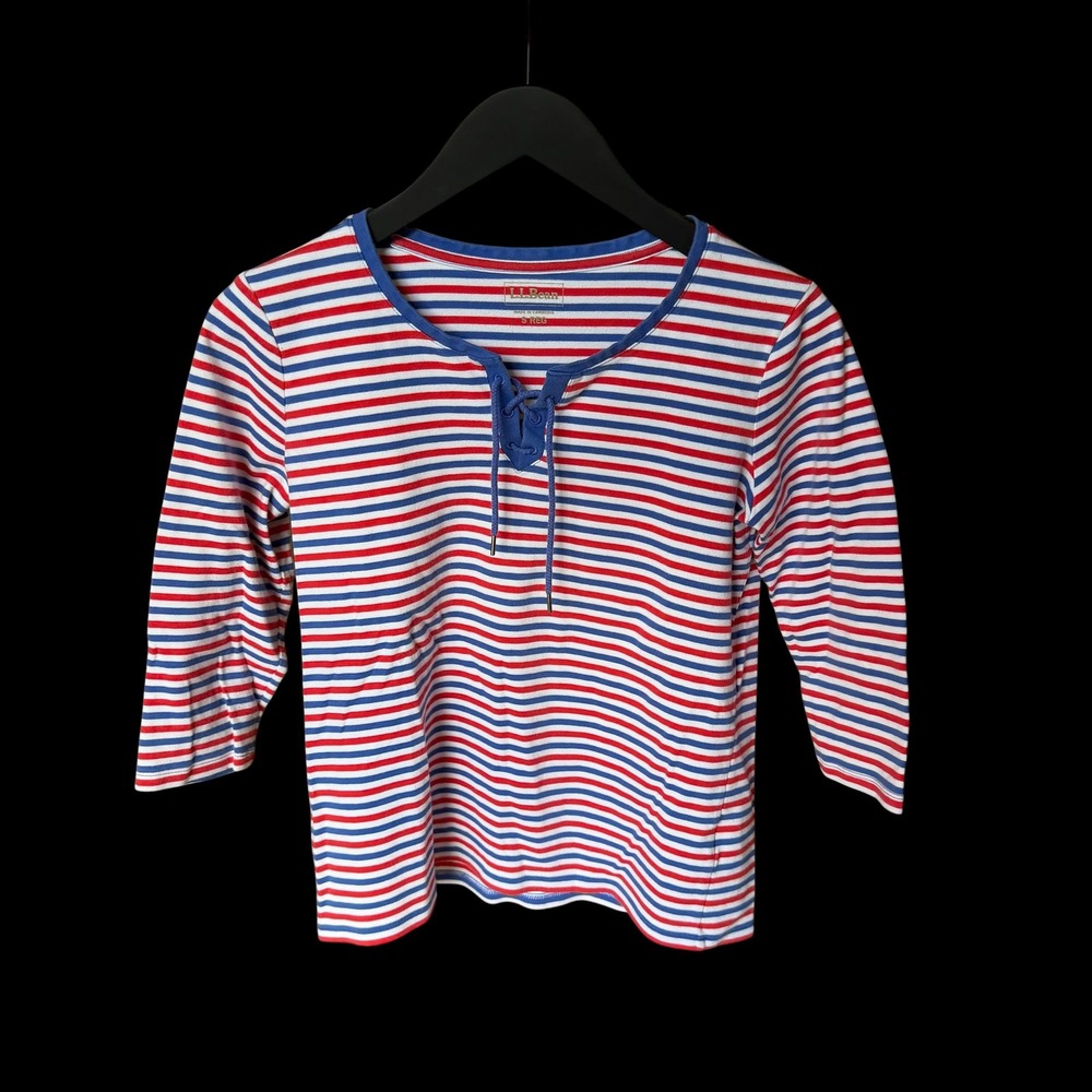 LL Bean Small Red White Blue USA Striped Lace Up 3/4 Sleeve Knit Top Nautical